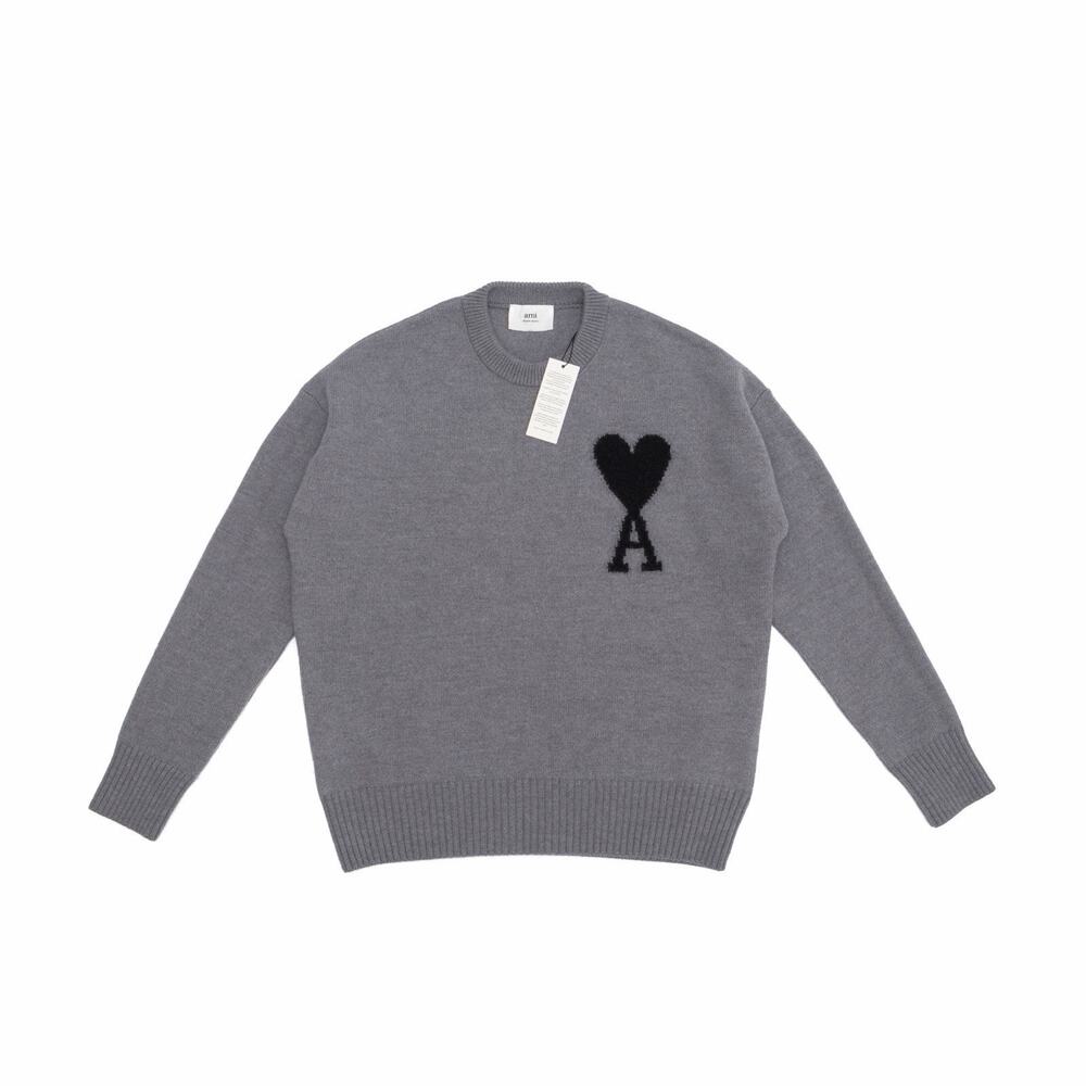 590$ NEW Ami Paris Men’s Ami de Coeur Merino Wool Crewneck Jumper Gray Sz: M